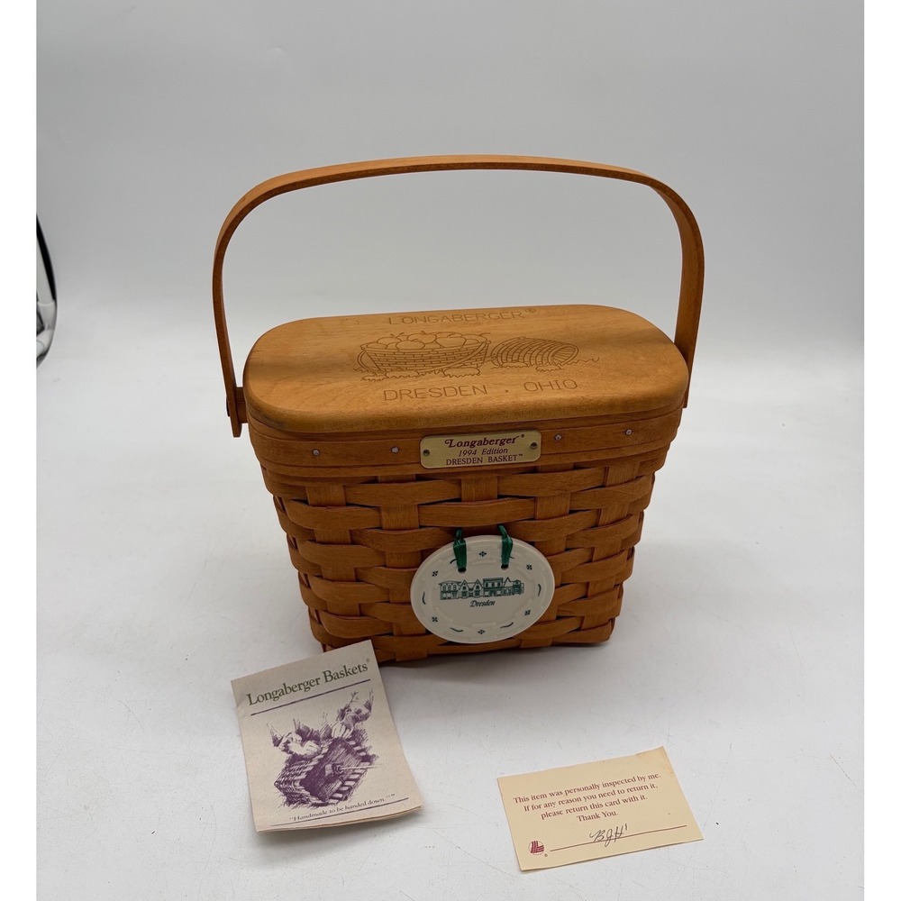 Longaberger 1994 Edition Dresden Basket Wood Lid Ceramic Tie-On Handwoven Ohio